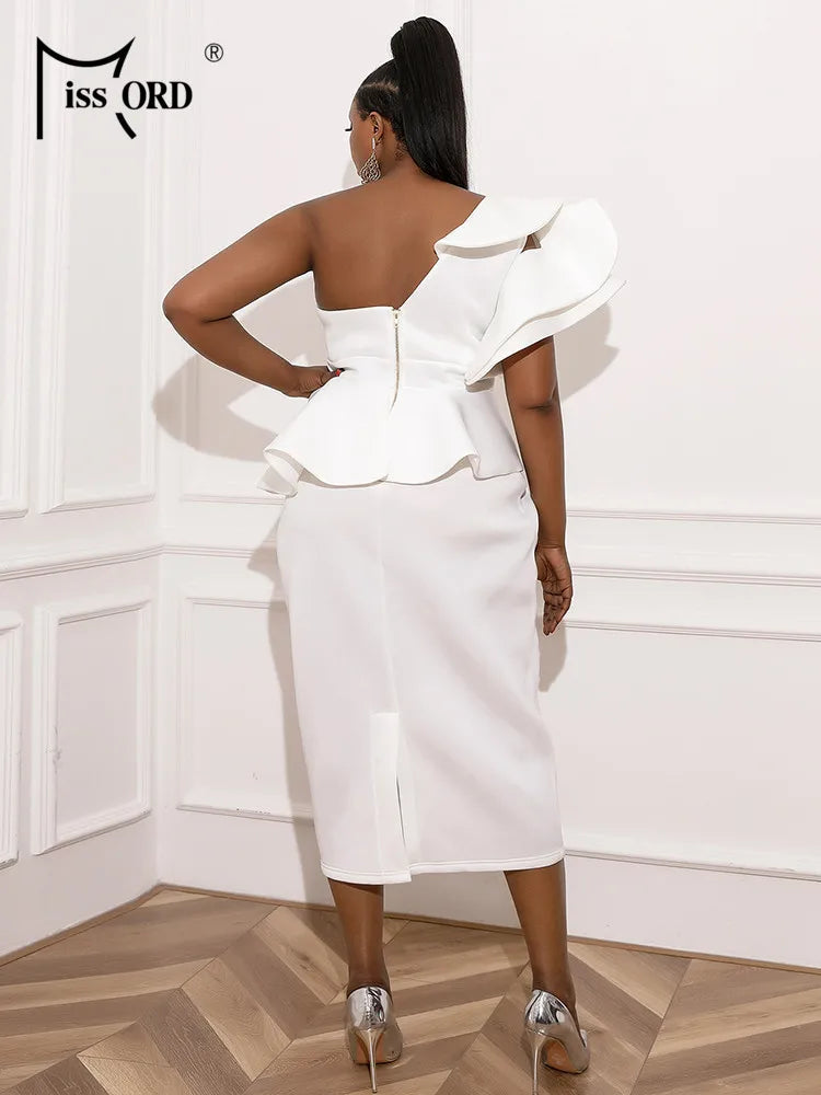 Missoury Red Knitted Midi Plus Size Elegant One Shoulder Sleeveless Ruffles Bodycon Dress