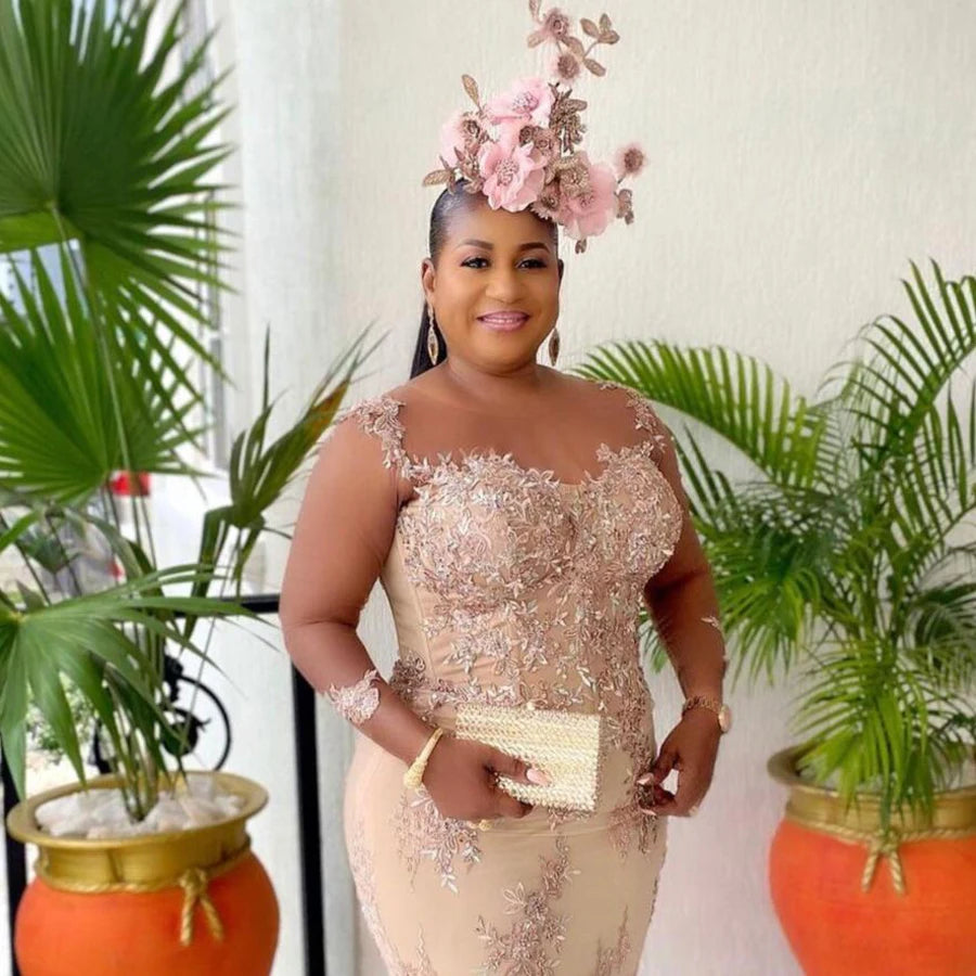 Magestic Plus Size Sheer Neck Lace Appliques Beads Sequins Dreses