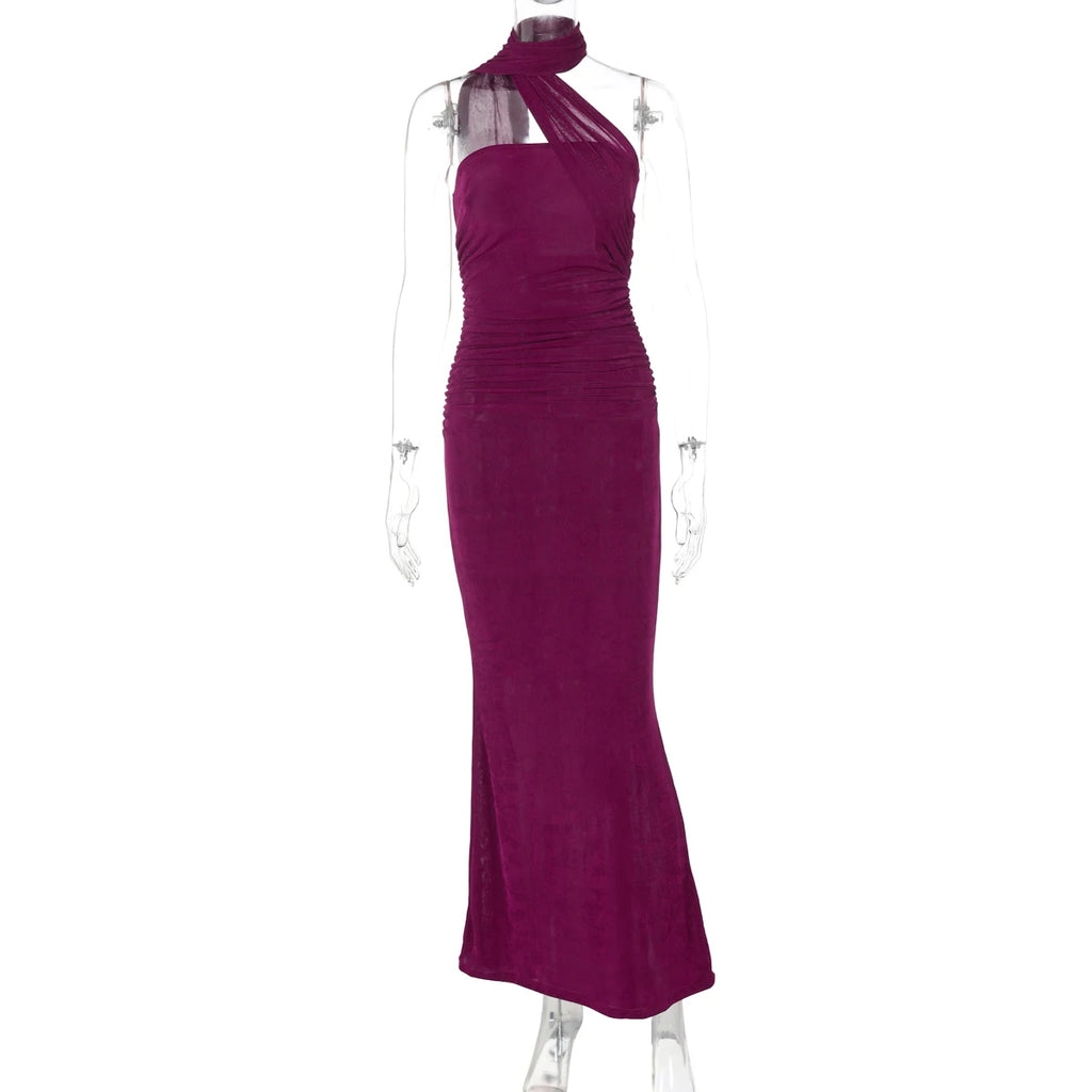 Chicago Halter Solid Sleeveless Backless Ruched Sexy Bodycon Maxi Prom Dress