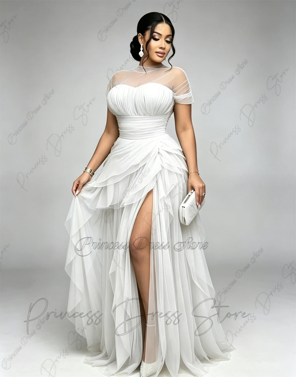 Bani Elegant Pleats Tulle Split Long Evening Gowns Birthday Party Dress