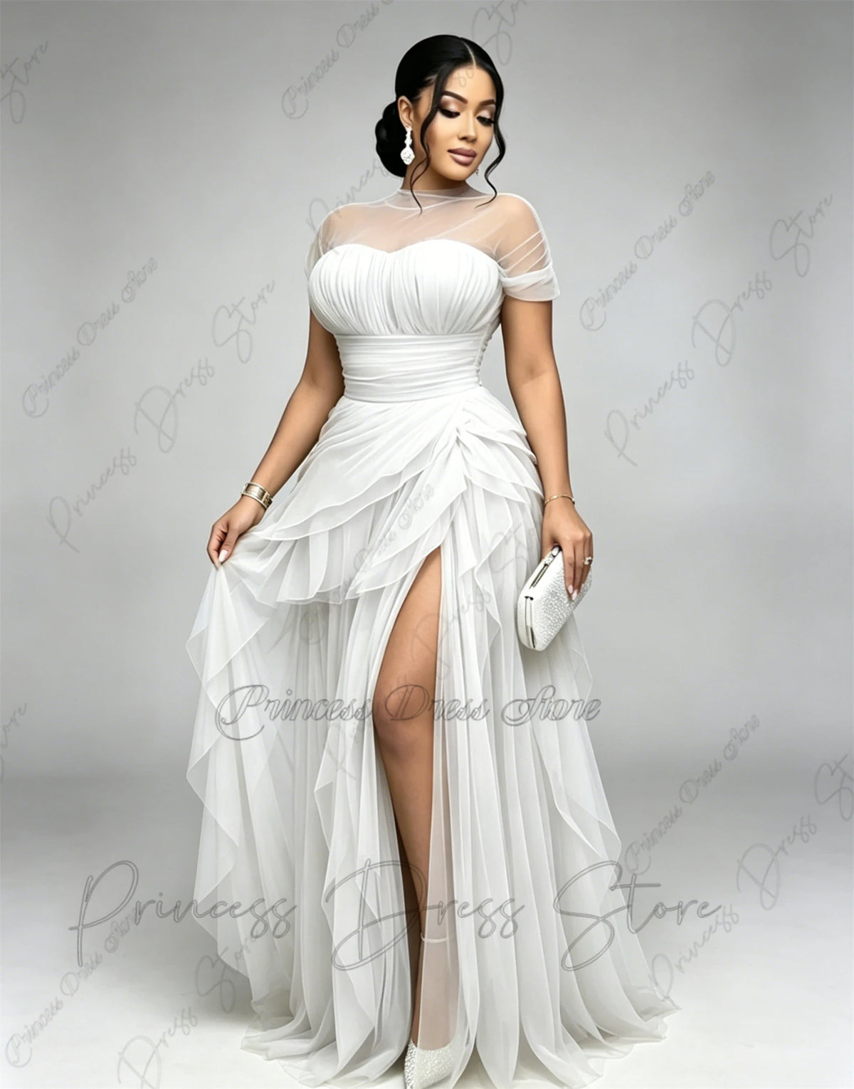 Bani Elegant Pleats Tulle Split Long Evening Gowns Birthday Party Dress