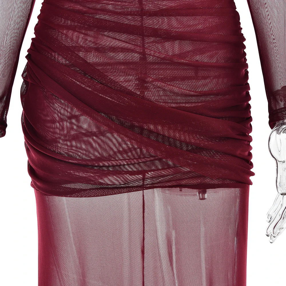 Kenilworth Mesh Patchwork Sheer Sexy Ruched Long Sleeve Bodycon Party Club Maxi Dress