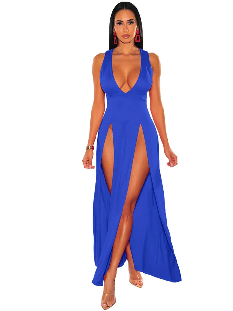 Byram Sexy Deep V Neck High Split Bodycon Cocktail Party Maxi Dress