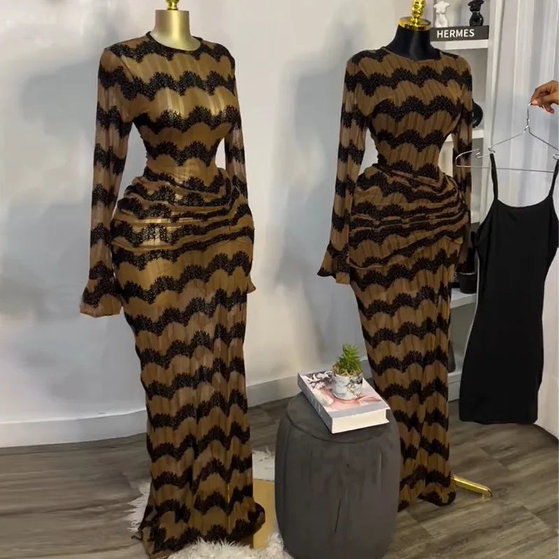 Kansas City Flare Full Sleeve Wave Striped Ruched Stacked Bodycon Long Maxi Dress