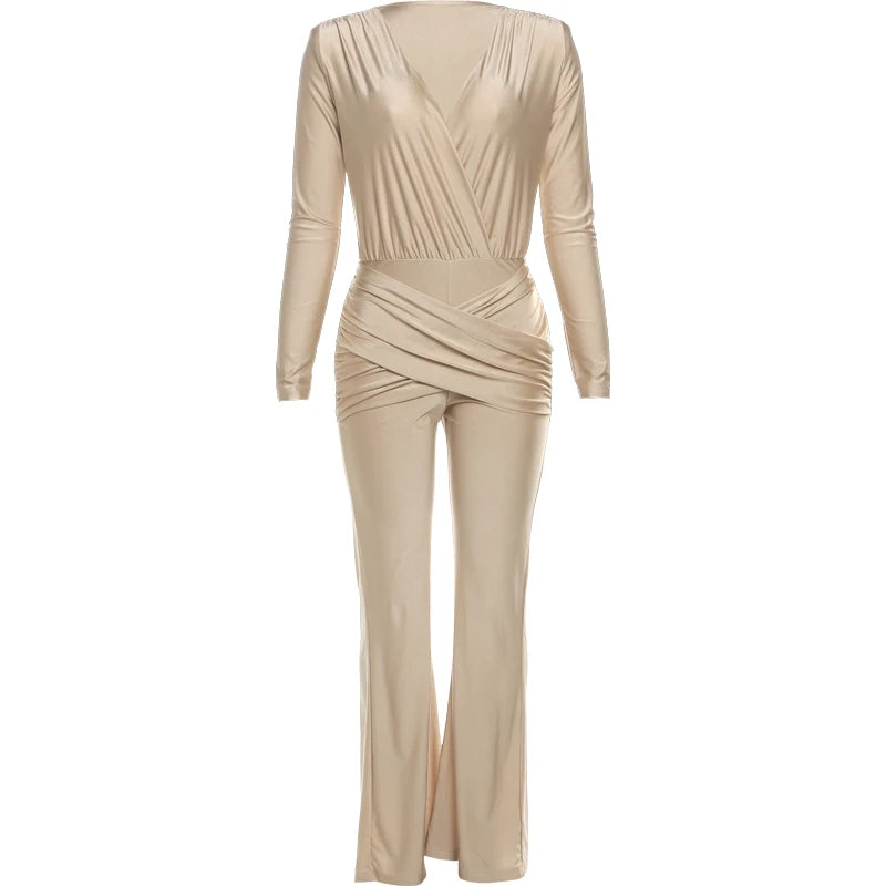 Rochester Puss Cross Ruched Patchwork Deep v-Neck Elegant Jumpsuit