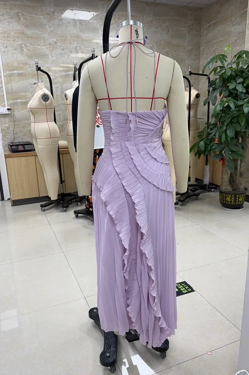 Indiana Ruffle Pleated Fashion Sleeveless Halter Irregular Tiered Pleated Maxi Dress