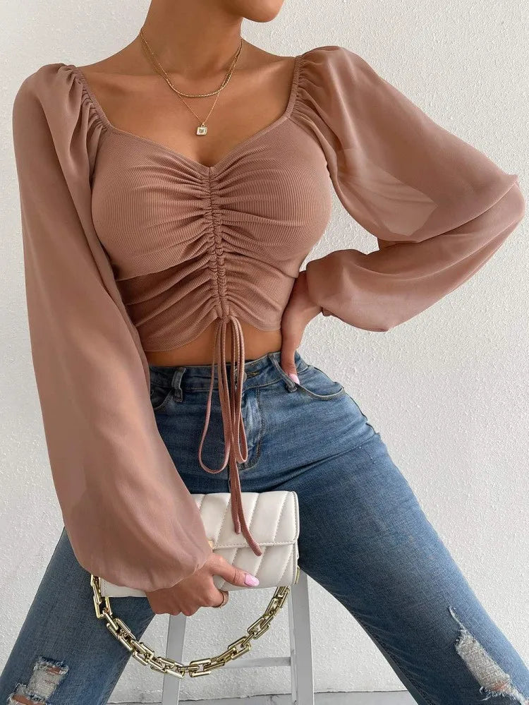 Koreatown Drawstring Front Sheer Sleeve Crop Plunge Neck Blouse