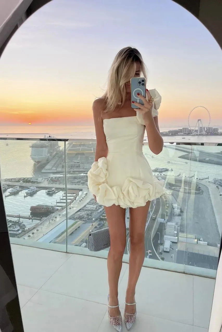 La Playa Elegant Temperament Party Flower Sleeveless Off-Shoulder Sexy Pleated Dress