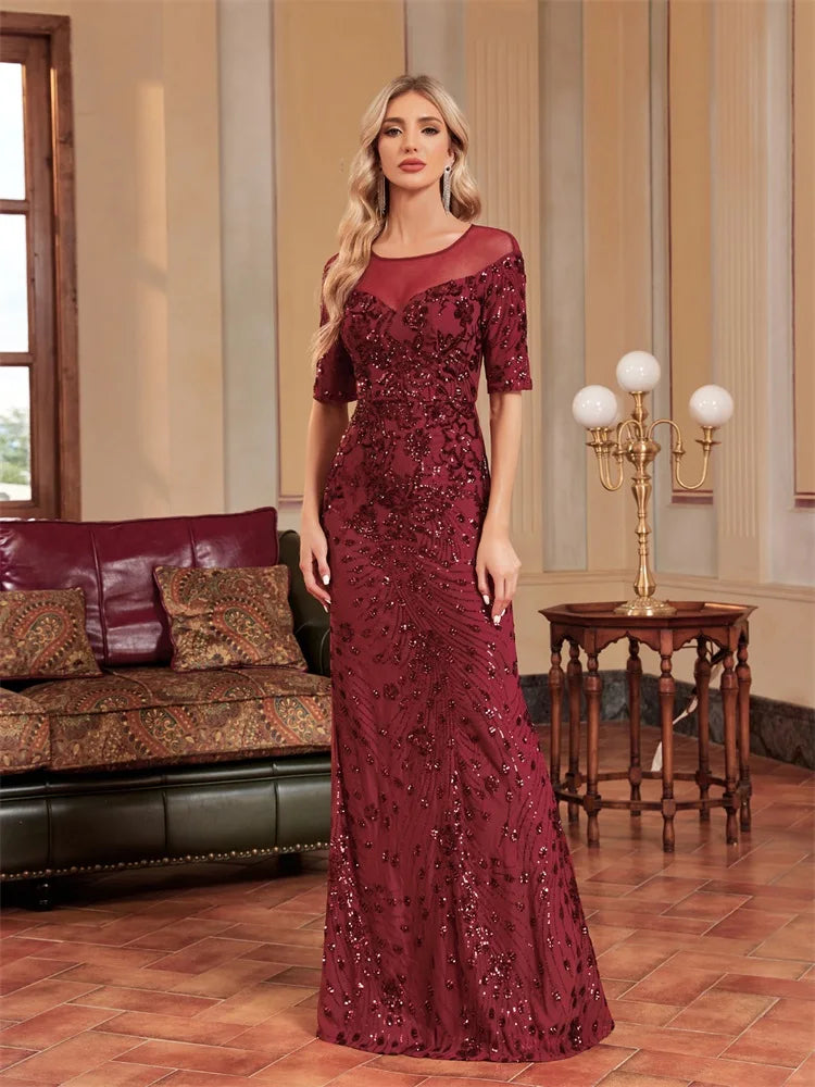 Alpha Luxury O Neck Tulle Formal Evening Shortsleeve Sequin Maxi Cocktail Dress