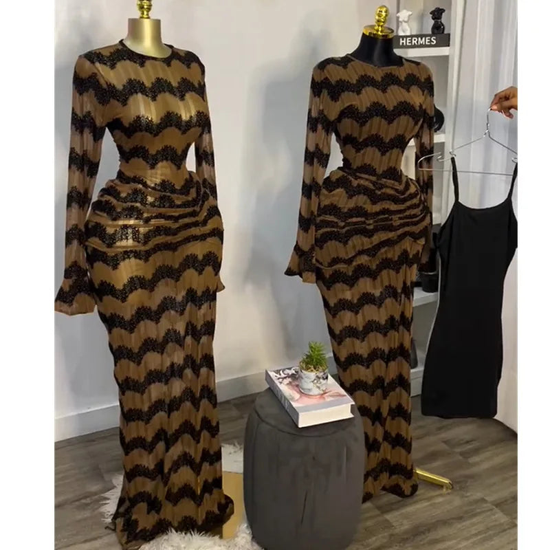 Kansas City Flare Full Sleeve Wave Striped Ruched Stacked Bodycon Long Maxi Dress