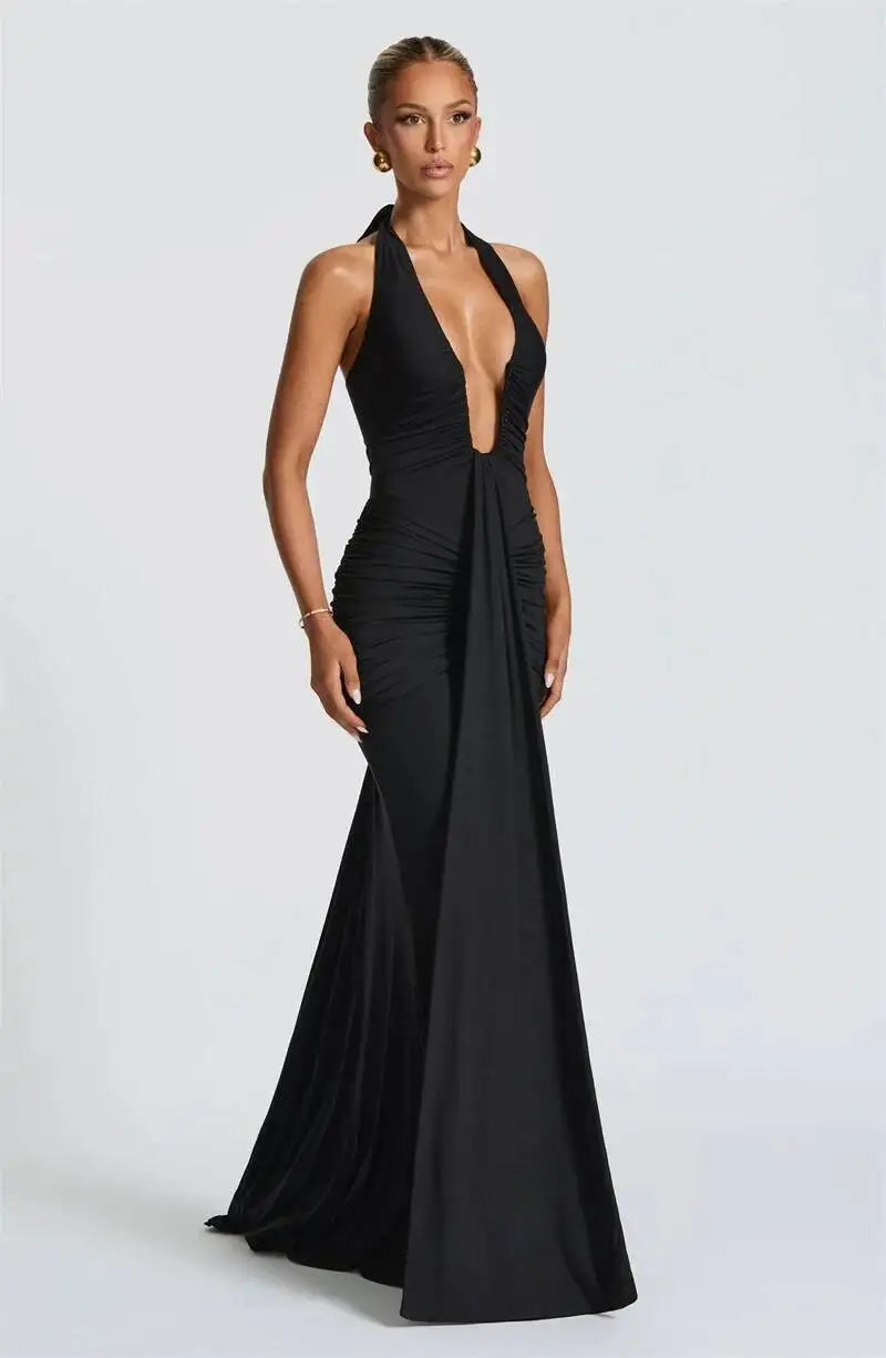 Deep V Neck Draped Ruched Sexy Halter Sleeveless Backless Club Party Long Dress