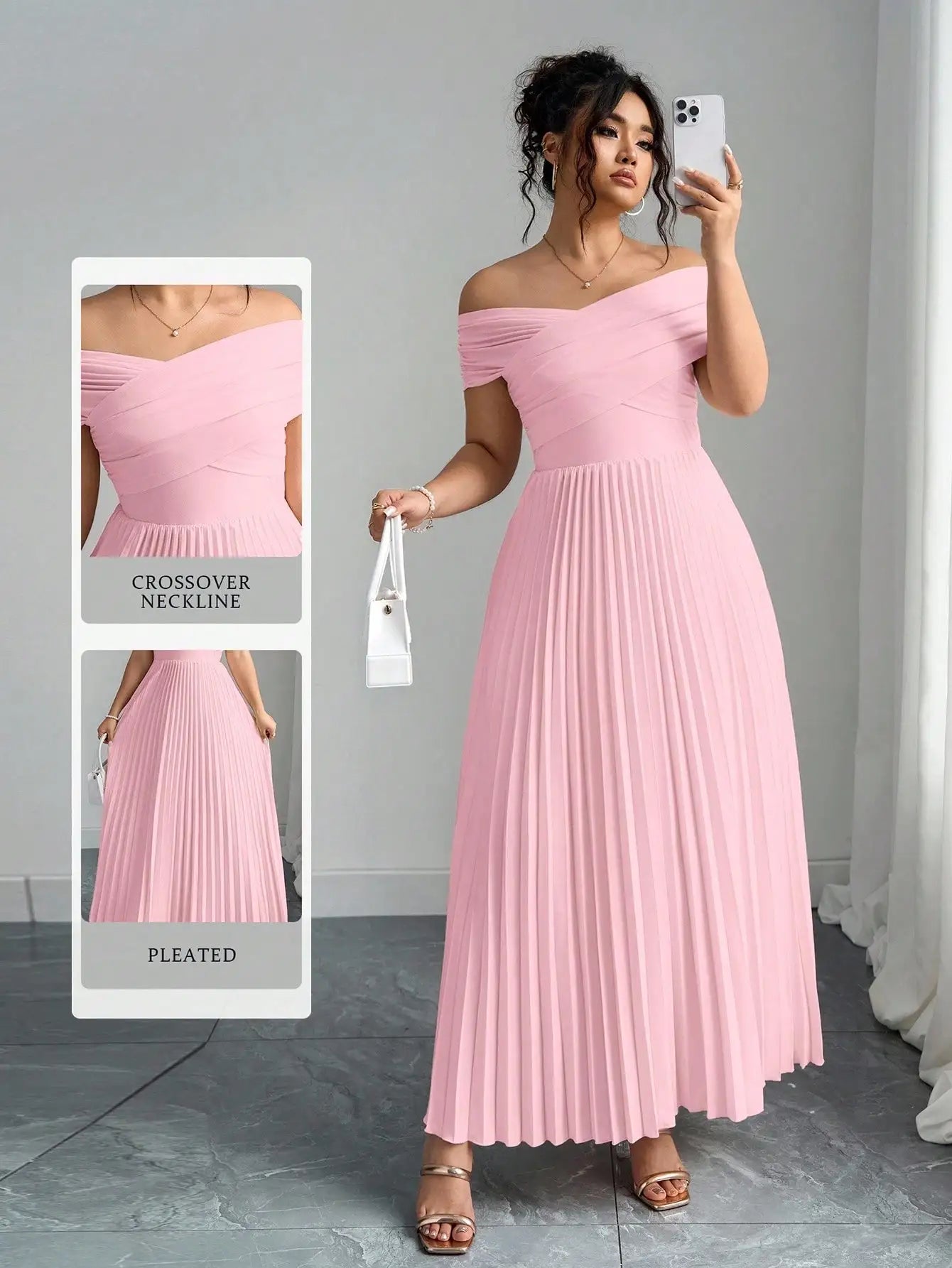 Candem Off Shoulder Pleated Soft Pink Crossover Neckline Maxi Dress