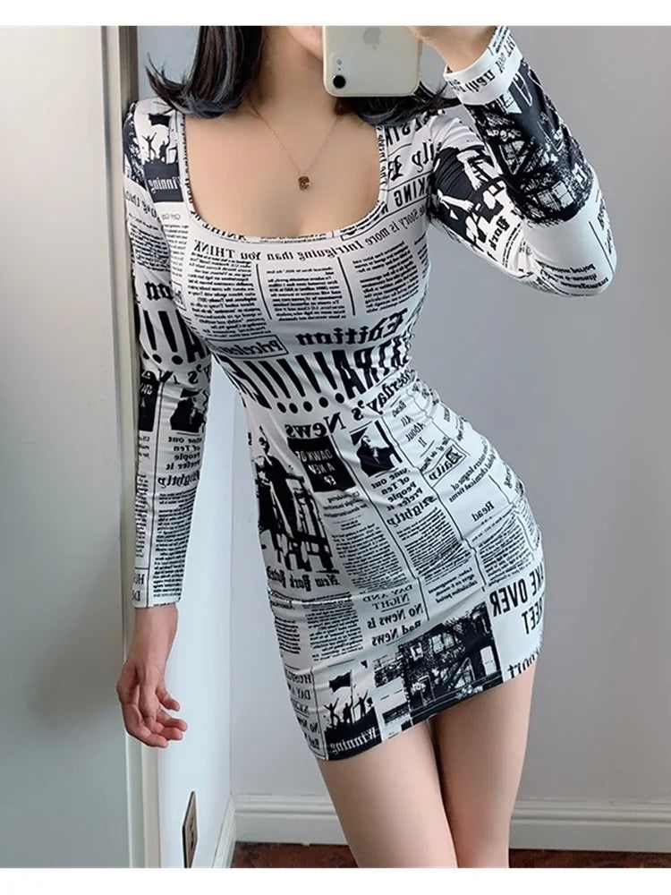 Amazonia Printed Newspaper Sexy New Fashion Street Shooting Slim Mini Dress