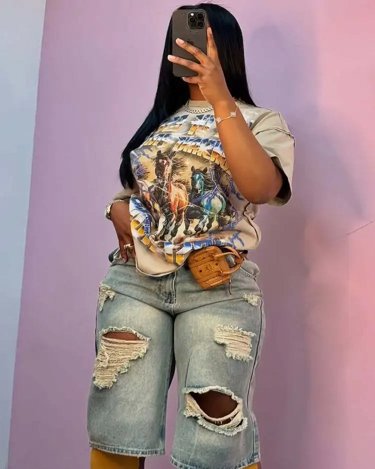 Stacy High Waisted Loose Vintage Ripped Denim Mid-length Straight-leg Denim Shorts