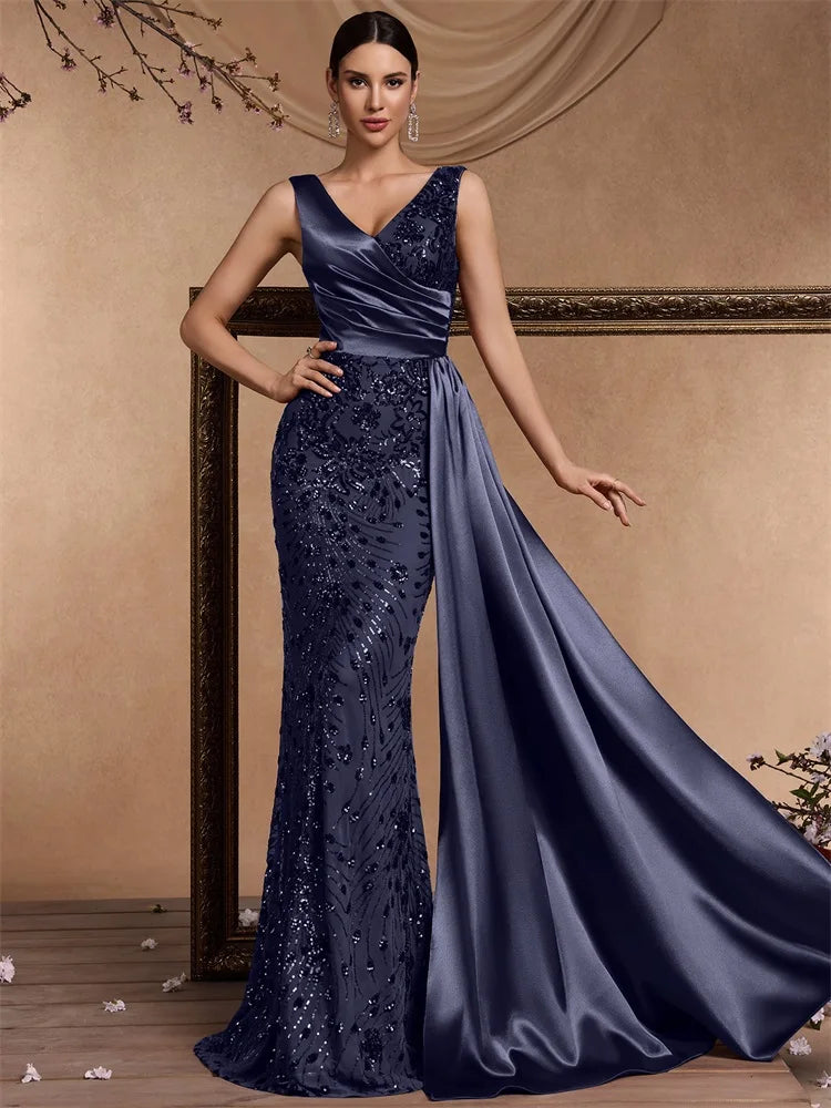 Puebla Elegant V Neck Splice Ribbons Sequins Sleeveless Mermaid Formal Dress