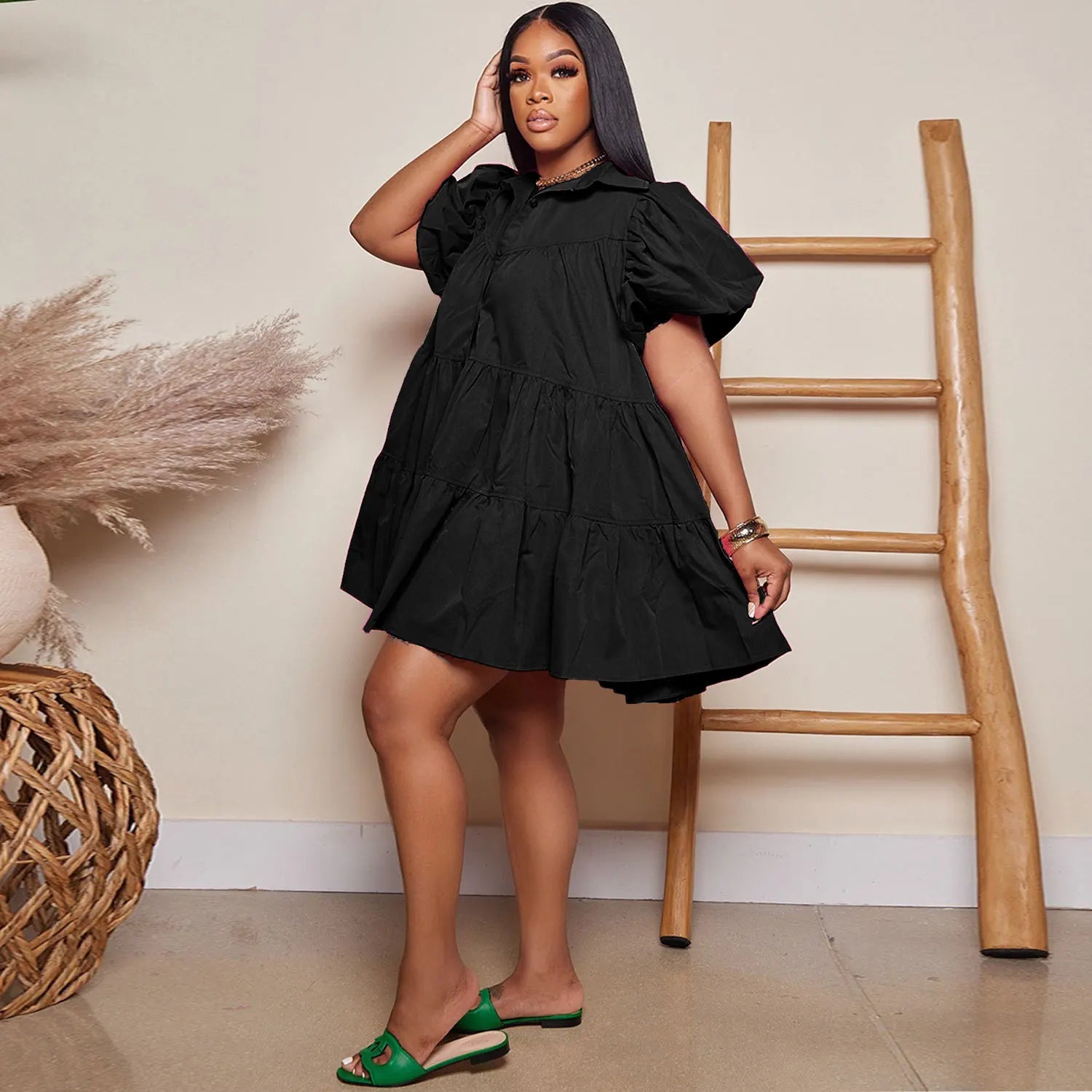 Secaucus Puff Sleeve Single Breasted Lapel Collar Babydoll Street White Big Swing Dress