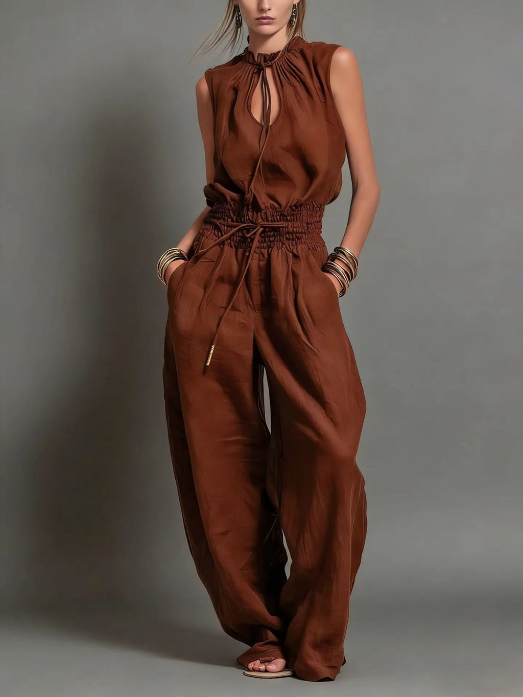 Summer Jumpsuits for Woman Wide Leg Sleeveless Lace Up Jumpsuit High