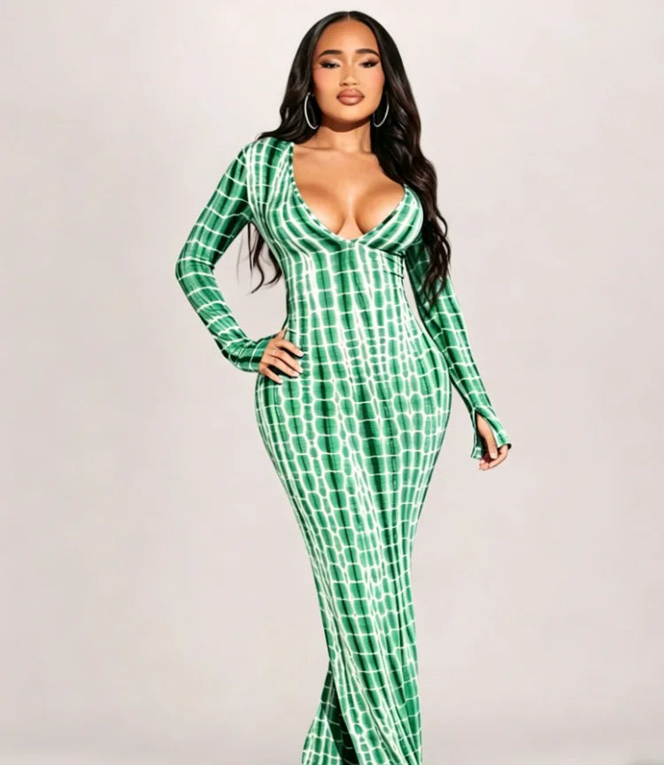 Tie Dye Printed V Neck Long Sleeve Bodycon Maxi Dress