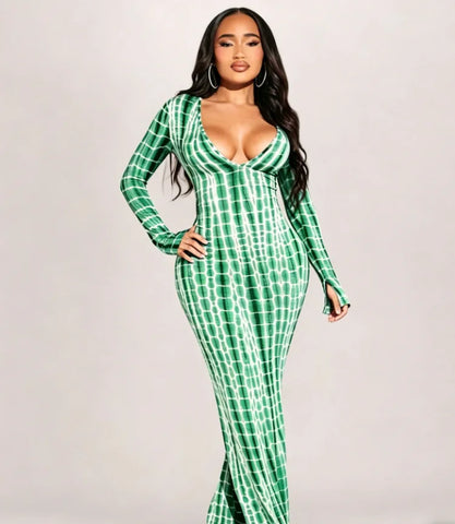 Tie Dye Printed V Neck Long Sleeve Bodycon Maxi Dress