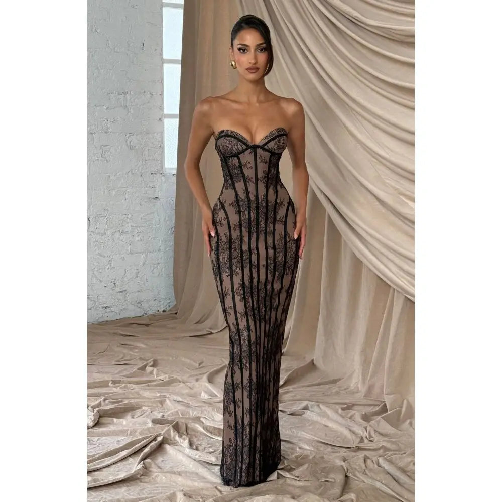 Belvidere Elegant Lace Strapless Waist Cinching Long Dress with Heart-Shaped