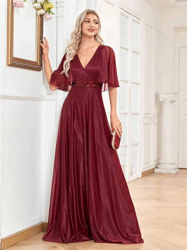 Pocono Elegant Shining Bat Sleeve Formal Evening Luxury A-line Gowns Dress