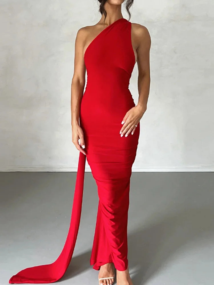 Jefferson One Shoulder Sleeveless Backless Ruched Bodycon Maxi Dress