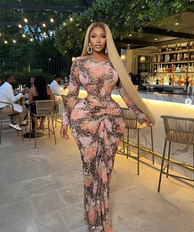 La Gloria Tie Dye Print Ruched Stacked Long Sleeve Bodycon Maxi Dress