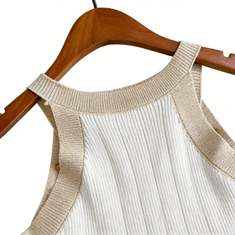 Milford Sleeveless Halter Neck Gold Button Detail Contrast Stretchy Ribbed Knit Bodycon Mini Dress