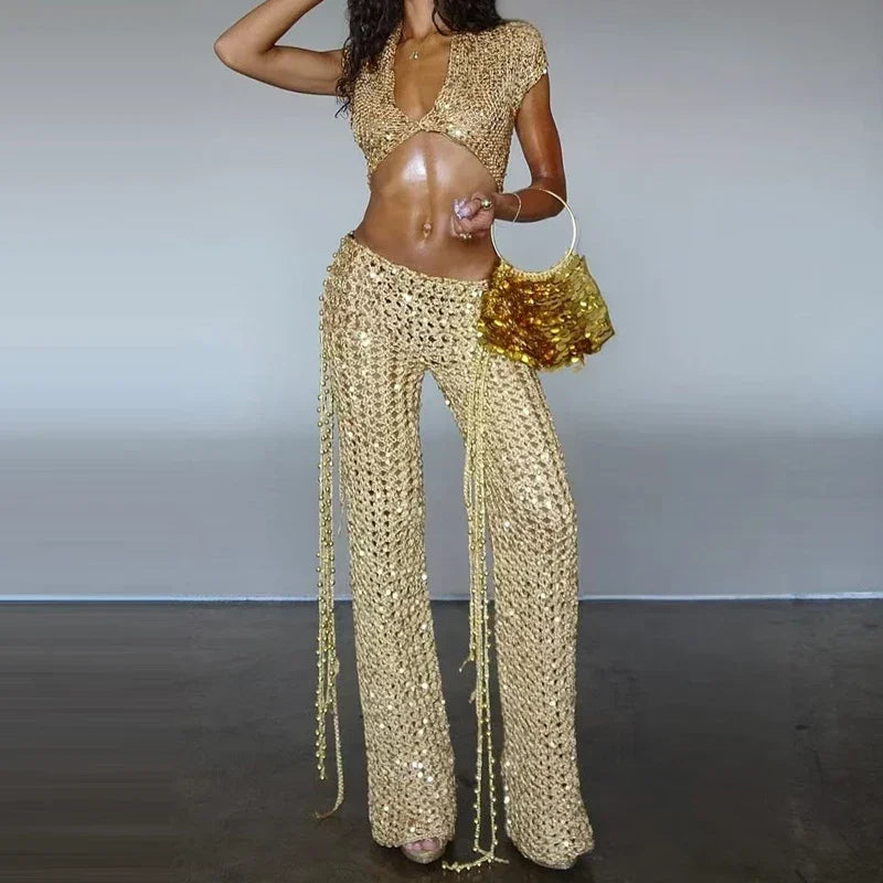 Ozone Park Sequined Casual Short Sleeve Tassel Elegant V-neck Matching Set