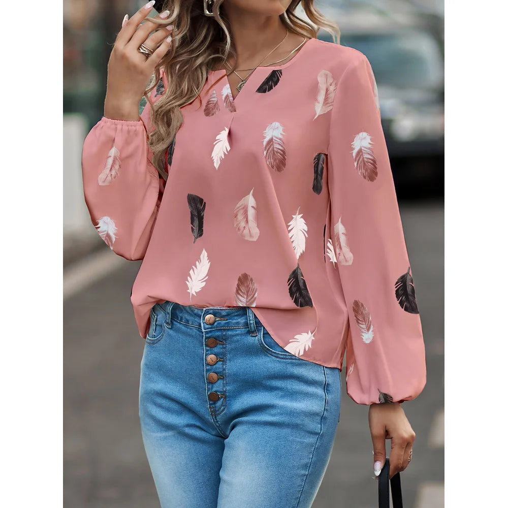 Jamesburg Casual T Shirt Fashion Feather Printed Long Sleeve V Neck Loose Blouses