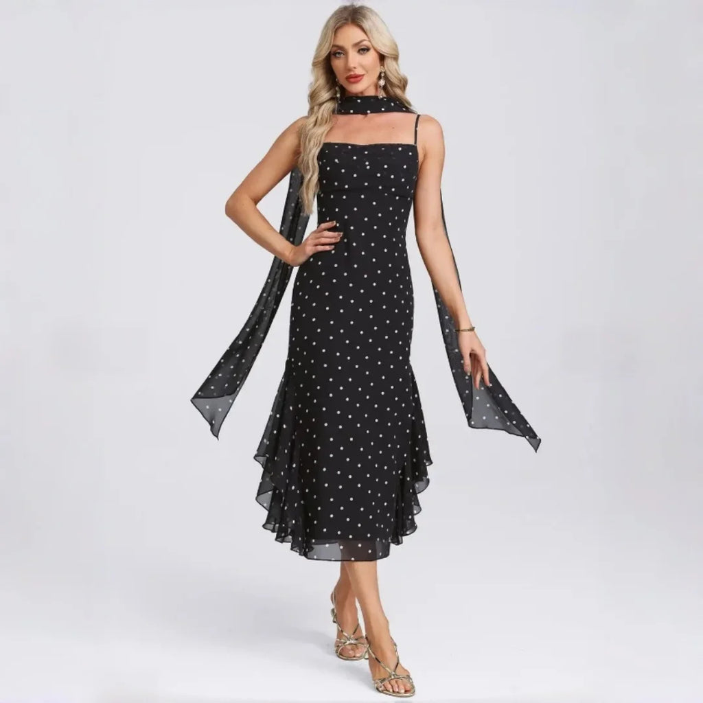 Bridgeport Polka Dot Chiffon Spaghetti Strap Square Neck Mermaid Ruffle Hem Dress