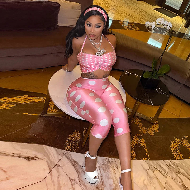Nikki Polka Print Neck Strap Tight Fitting Three Piece Sets