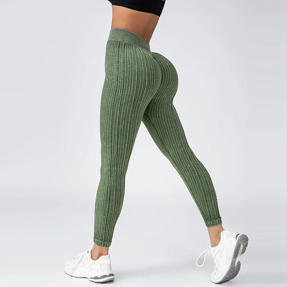 Andober Striped V Back Fashion Gym Outdoor Fitness Athletic Workout Elastic Leggings