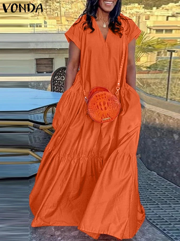 Plus Size Bohemian Sundress Solid Color Casual Short Sleeve Party Ruffled Dress