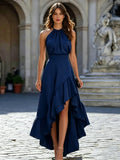 Long Sleeveless with Ruffle Neckline And Side Slit Polyester Material Midi Length Dress