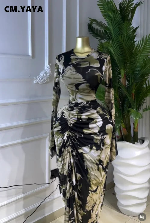 Hackensack Tie Dye Print O-neck Ruched Bodycon Long Maxi Dress