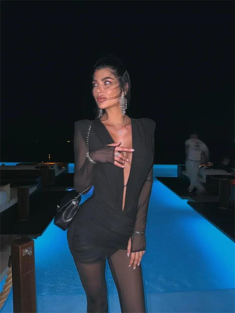 Milford Deep V Neck Long Sleeve Sexy Patchwork See Through Ruched Jumpsuits