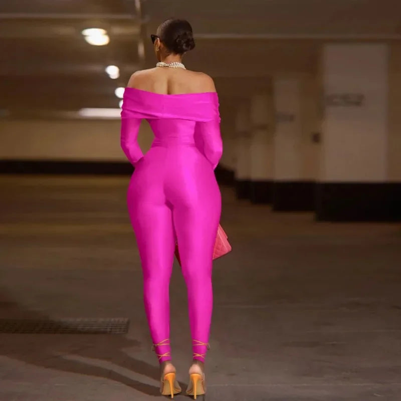 Oneida Hollow Out Sexy Party Clubwear Long Sleeve Slash Neck Crop Jumpsuits