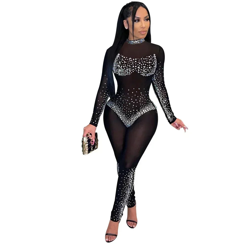 Union Square Fashion Sexy Mesh Perspective Hot Drill Long Sleeve Jumpsuit