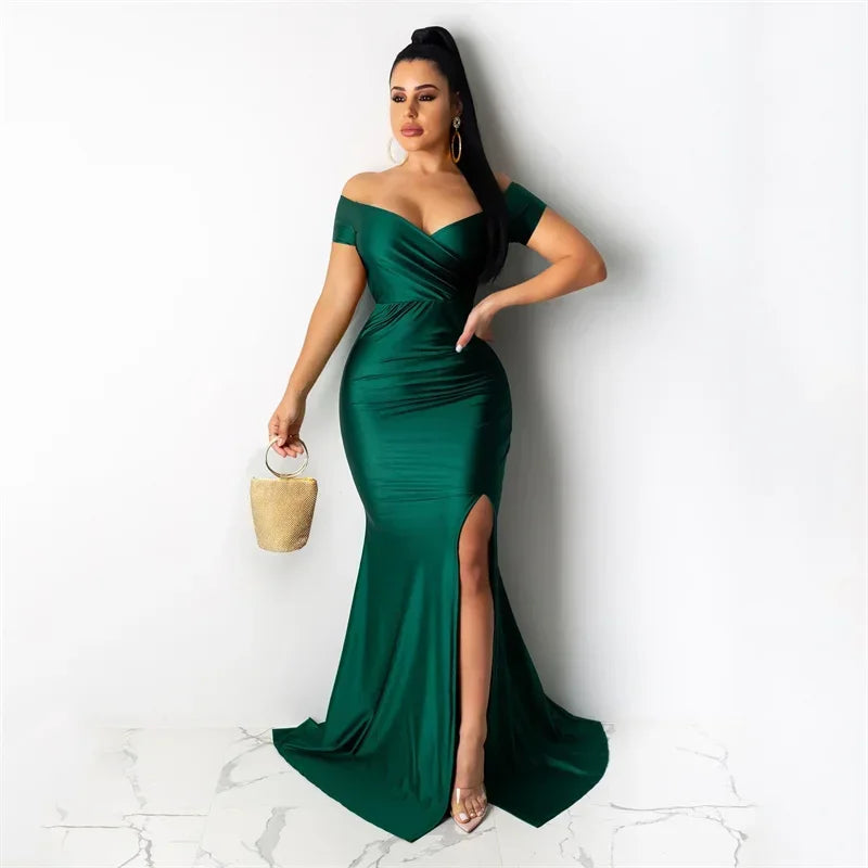 Barcelona Sexy Off The Shoulder V Neck Mermaid Evening Elegant Night Long Dress