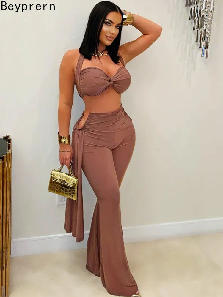 Oneonta Long Straps Wide Legs Ruched Metal Tracksuits Two Piece Set