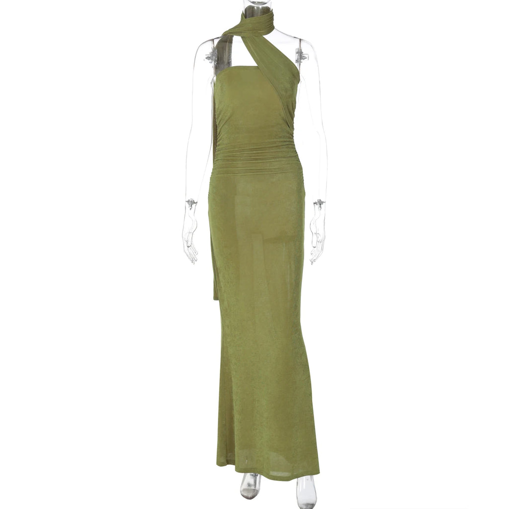 Chicago Halter Solid Sleeveless Backless Ruched Sexy Bodycon Maxi Prom Dress