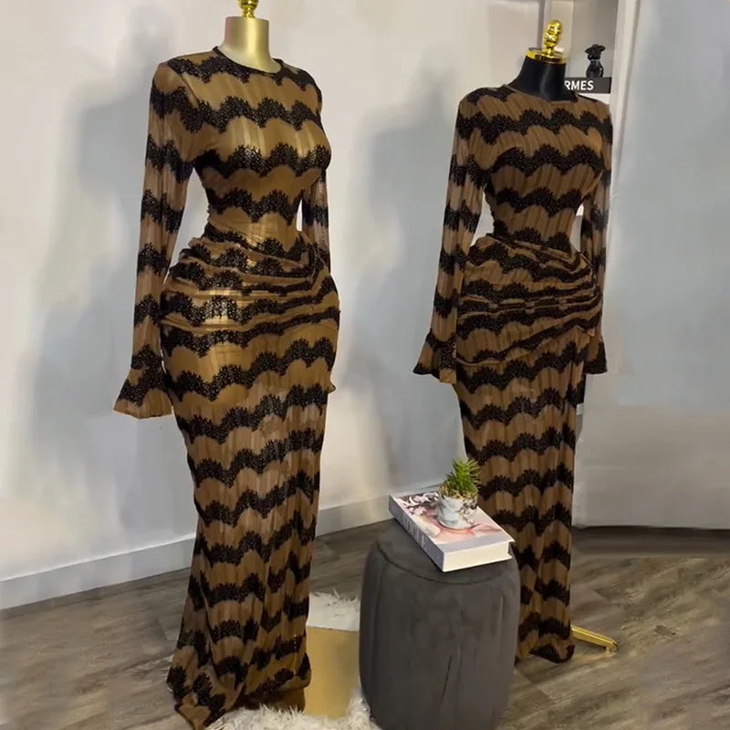Kansas City Flare Full Sleeve Wave Striped Ruched Stacked Bodycon Long Maxi Dress