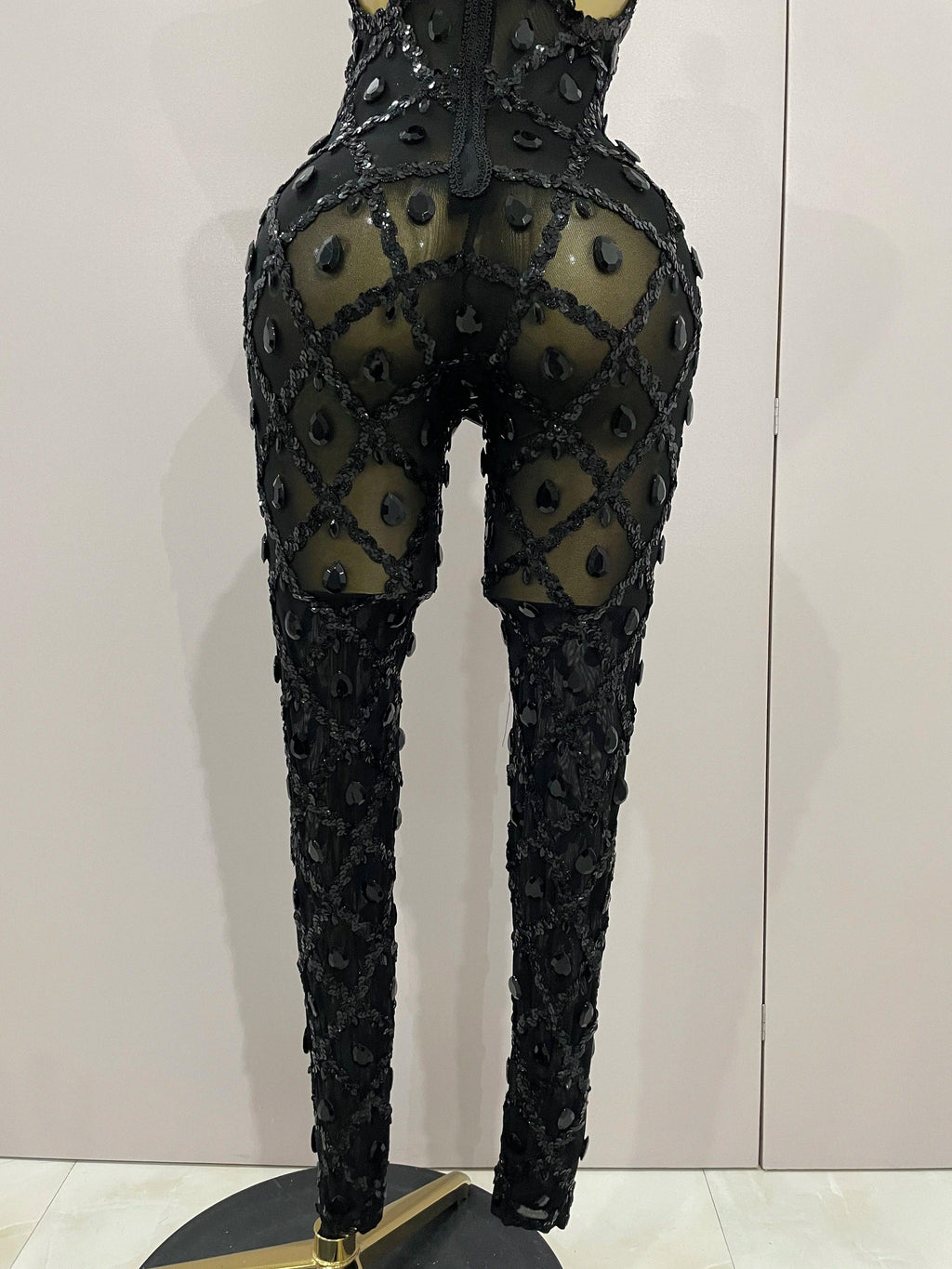Scranton Sparkly Black Diamond Mesh See THhrough Jumpsuit