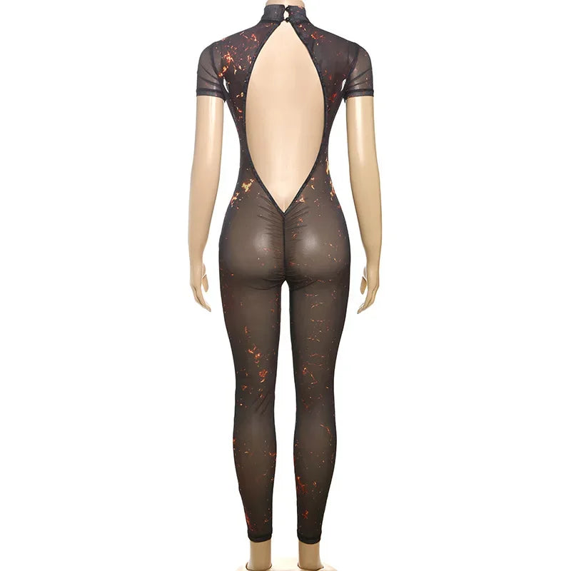 Auburn Hollow Out Playsuits Female Nightout Fashion Mesh Thin Sheer Jumpsuits