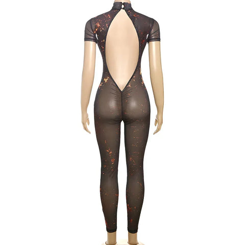 Auburn Hollow Out Playsuits Female Nightout Fashion Mesh Thin Sheer Jumpsuits