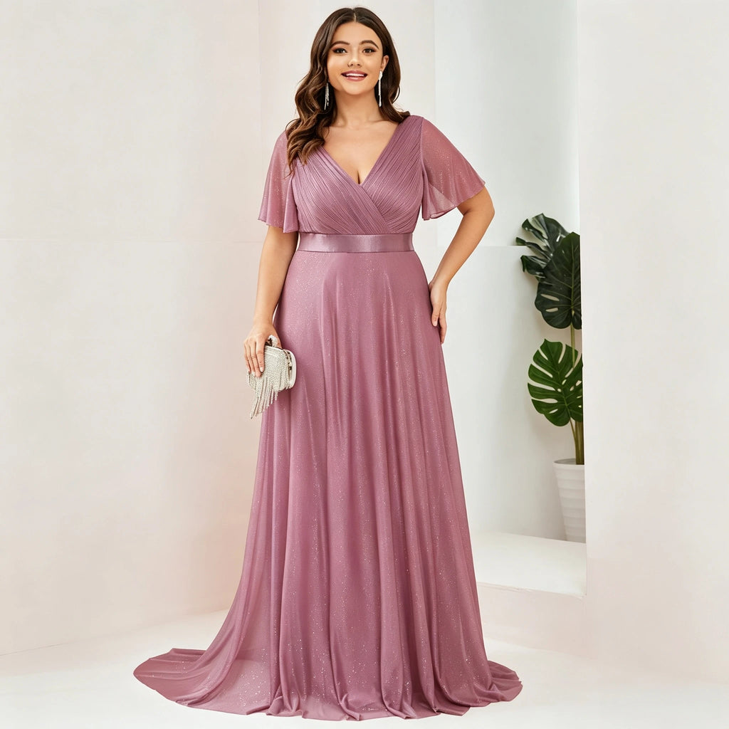 Gazcue Plus Size Chiffon Mother of the Bride Party Glitter V Neck A Line Dress