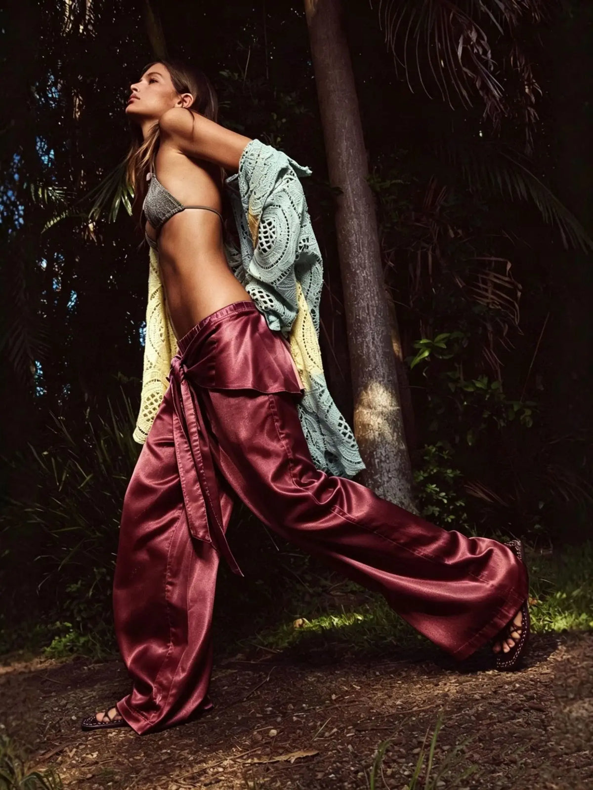Boca Chica Tie Waist Foil Satin Wide Leg Boho Lazy Casual High Waist Pants