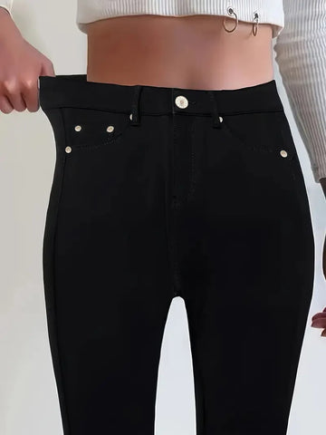 Women Jeans Plus Size High WaistedBlack Slim Fit with Button Detail Jeans