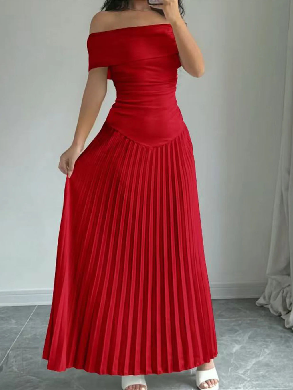 Randolph Solid One Shoulder Ruffle Hem Pleated Long Slim Fit Dress